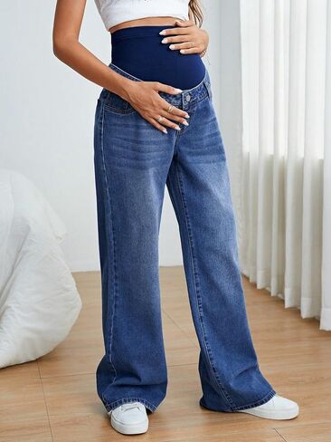 Verdusa Women's Maternity Wideband Waist Flare Leg Pregancy Denim Jeans with Pockets in Saudi Arabia