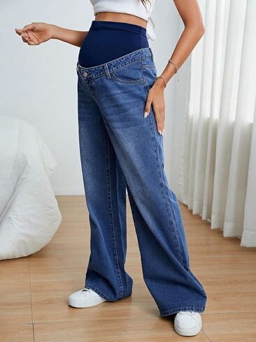 Verdusa Women's Maternity Wideband Waist Flare Leg Pregancy Denim Jeans with Pockets in Saudi Arabia