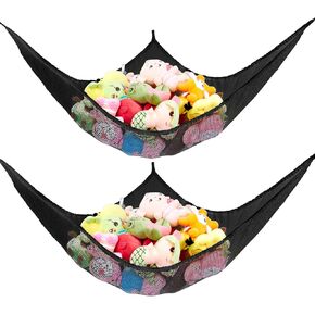 KOHUIJOO Stuffed Animal Net or Hammock, Stuffed Animal Net, Jumbo Toy Net Hammock for Stuffed Animals Wall Sling Corner Extra Large Kids Children Mesh Toy Net Organizer (Black 2 Pack, 83 Inch)