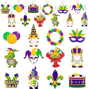 WATINC 46pcs Mardi Gras Wood Hanging Ornament, Carnival Themed Mask Crown Wooden Pendant Hang Decoration, Mardi Gras Gift Tag with Rope for Tree Garden Holiday Parade Costume Party Gift Decor Supplies