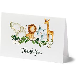 25 Safari Thank You Cards With Envelopes (Thick Card Stock) Baby Shower, Jungle Greenery Large Size 4x6 Zoo Animal Giraffe Lion Elephant Gratitude For Party, Girl Boy Children Birthday Stationery in Kuwait