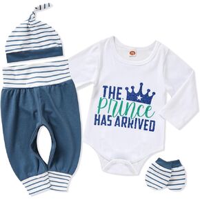 ZOELNIC Baby Boy Clothes, Newborn Letter Printed Romper Long Pants Set Hat with Cute Gloves 4pcs Toddler Outfits