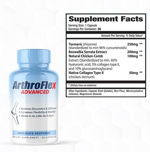 Arthroflex Advanced Joint Supplement Support Pain Relief - Relieve Discomfort and Stiffness with Turmeric Curcumin, Boswellia Serrata Extract and Type II Collagen Supplement. Knee Pain Relief Factor. in Kuwait