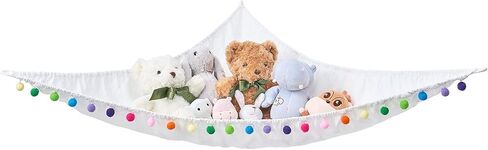 Mkono Stuffed Animal Net or Hammock Hanging Boho Stuff Animals Toy Storage Organizer with Colorful Pom Pom Balls Large Plush Hammock Corner Macrame Toys Holder for Nursery Bedroom Kid's Room, Small in Saudi Arabia