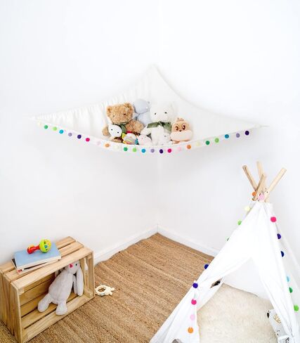 Mkono Stuffed Animal Net or Hammock Hanging Boho Stuff Animals Toy Storage Organizer with Colorful Pom Pom Balls Large Plush Hammock Corner Macrame Toys Holder for Nursery Bedroom Kid's Room, Small in Saudi Arabia