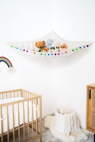 Mkono Stuffed Animal Net or Hammock Hanging Boho Stuff Animals Toy Storage Organizer with Colorful Pom Pom Balls Large Plush Hammock Corner Macrame Toys Holder for Nursery Bedroom Kid's Room, Small in Saudi Arabia