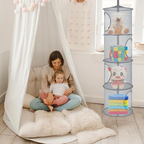 Hanging Stuffed Animal Storage Hammock Net 4 Tiers, Black | Hanging Mesh Storage Organizer for Kids Room, Holds Plushies, Gloves, Hats, Socks, Foldable Space-saving Design in Saudi Arabia