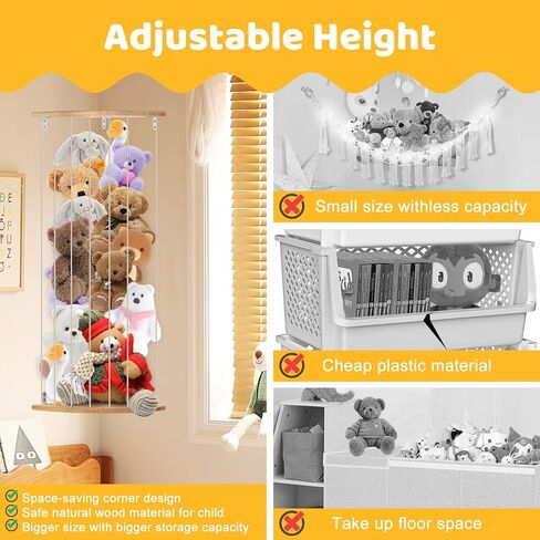 slcinwzdt Stuffed Animal Storage Holder, Hanging Stuffed Animal Organizer Wood Soft Toy Shelf for Corner with Adjustable Height, Plush Toy Shelf for Nursery Playroom, Bedroom, Kids Room in Kuwait