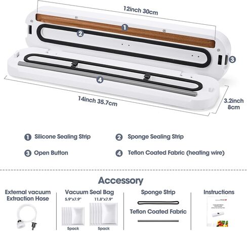 ماكينة غلق أكياس الطعام ميترونيك، مجموعة قوية 4 في 1 لغلق أكياس الطعام، أوضاع حفظ الطعام الجاف والرطب مع 10 أكياس، خرطوم شفط الهواء، أضواء مؤشر LED، ماكينة غلق الأكياس الصغيرة باللون الأبيض in Kuwait