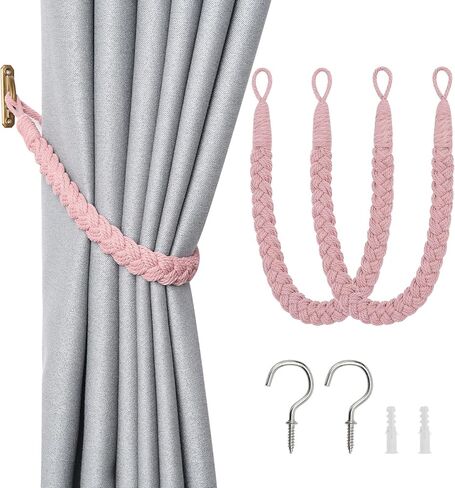 NICEEC 2 Pack Natural Cotton Rope Curtain Tiebacks Elegant Boho Style Decorative Drape Tie Backs Soft Hand-Woven Rope Curtain Holdbacks with Metal Hook for Home & Office Drapery (Pink) in Saudi Arabia