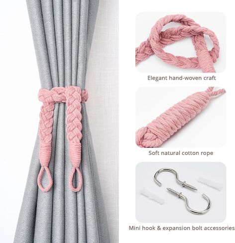 NICEEC 2 Pack Natural Cotton Rope Curtain Tiebacks Elegant Boho Style Decorative Drape Tie Backs Soft Hand-Woven Rope Curtain Holdbacks with Metal Hook for Home & Office Drapery (Pink) in Saudi Arabia
