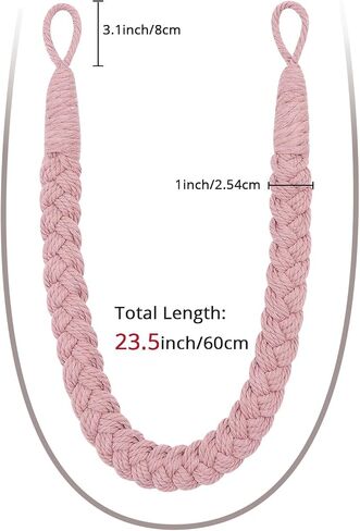 NICEEC 2 Pack Natural Cotton Rope Curtain Tiebacks Elegant Boho Style Decorative Drape Tie Backs Soft Hand-Woven Rope Curtain Holdbacks with Metal Hook for Home & Office Drapery (Pink) in Saudi Arabia
