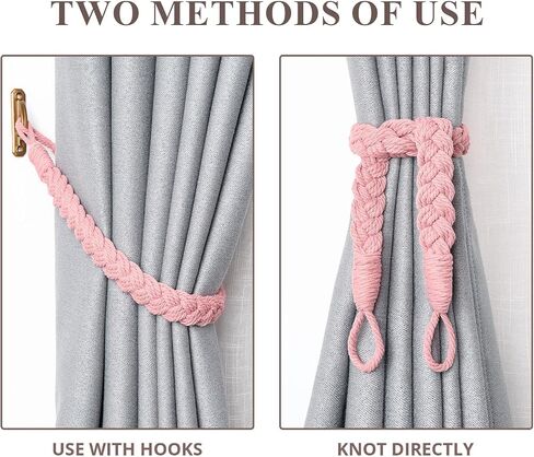 NICEEC 2 Pack Natural Cotton Rope Curtain Tiebacks Elegant Boho Style Decorative Drape Tie Backs Soft Hand-Woven Rope Curtain Holdbacks with Metal Hook for Home & Office Drapery (Pink) in Saudi Arabia