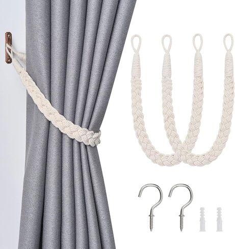 NICEEC 2 Pack Natural Cotton Rope Curtain Tiebacks Elegant Boho Style Decorative Drape Tie Backs Soft Hand-Woven Rope Curtain Holdbacks with Metal Hook for Home & Office Drapery (Pink) in Saudi Arabia