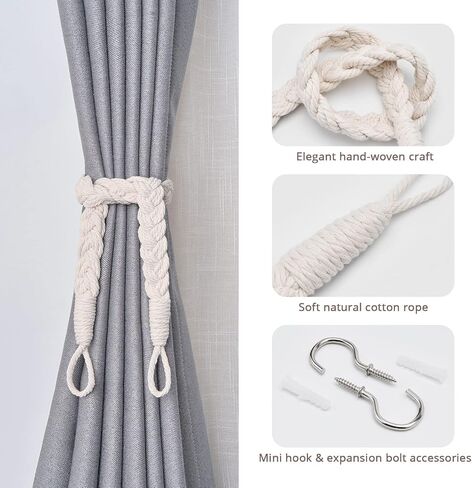 NICEEC 2 Pack Natural Cotton Rope Curtain Tiebacks Elegant Boho Style Decorative Drape Tie Backs Soft Hand-Woven Rope Curtain Holdbacks with Metal Hook for Home & Office Drapery (Pink) in Kuwait