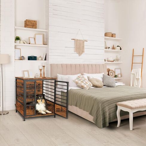 أثاث قفص الكلاب، طاولة نهاية جانبية لقفص الكلاب الخشبي شديد التحمل من ميلوس، بيت للكلاب داخلي، هيكل أنبوبي فولاذي بتصميم زخرفي، بيت قفص للحيوانات الأليفة للكلاب الكبيرة/المتوسطة/الصغيرة، بني ريفي in Kuwait