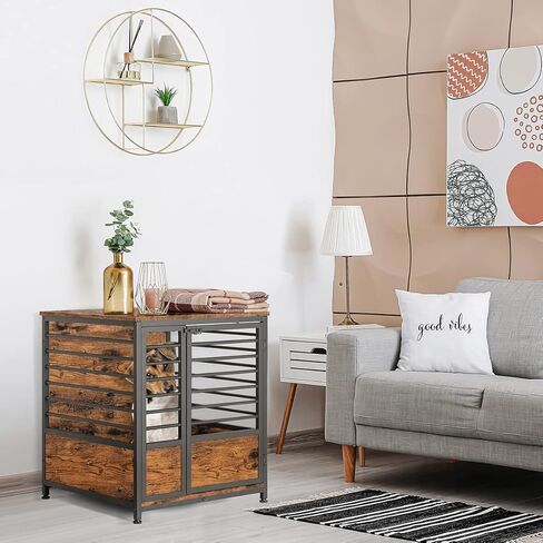 أثاث قفص الكلاب، طاولة نهاية جانبية لقفص الكلاب الخشبي شديد التحمل من ميلوس، بيت للكلاب داخلي، هيكل أنبوبي فولاذي بتصميم زخرفي، بيت قفص للحيوانات الأليفة للكلاب الكبيرة/المتوسطة/الصغيرة، بني ريفي in Kuwait