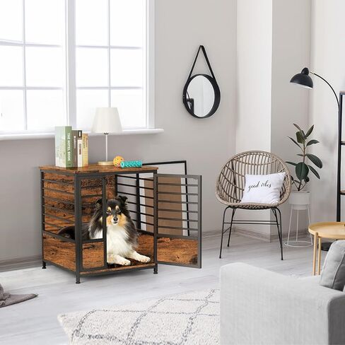 أثاث قفص الكلاب، طاولة نهاية جانبية لقفص الكلاب الخشبي شديد التحمل من ميلوس، بيت للكلاب داخلي، هيكل أنبوبي فولاذي بتصميم زخرفي، بيت قفص للحيوانات الأليفة للكلاب الكبيرة/المتوسطة/الصغيرة، بني ريفي in Kuwait