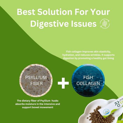BTGIN Psyllium Husk Fiber Fish Collagen All-in-One Supplement for Digestive Health, Colon Cleanse to Support Constipation Relief, Better Digestion, Jangdabium 30 Packets in Kuwait