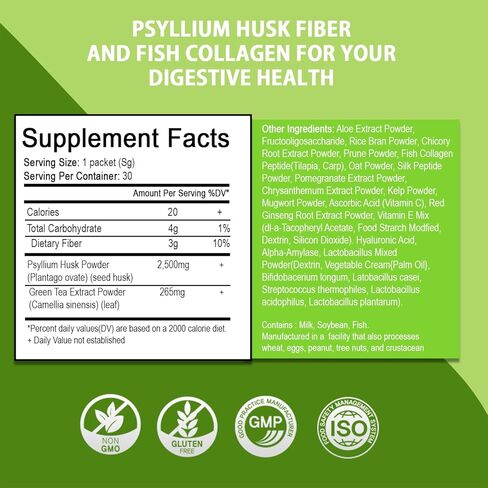 BTGIN Psyllium Husk Fiber Fish Collagen All-in-One Supplement for Digestive Health, Colon Cleanse to Support Constipation Relief, Better Digestion, Jangdabium 30 Packets in Kuwait