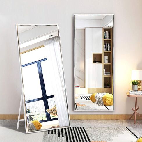 مرآة WIFTREY كاملة الطول مقاس 65 × 24 واقفة على الأرض، مثبتة على الحائط، مائلة، ديكور لغرفة النوم وغرفة المعيشة وجدار كامل الجسم طويل معلق كبير الحجم بإطار أبيض طويل القامة in Kuwait