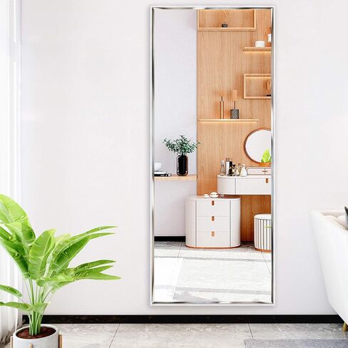 مرآة WIFTREY كاملة الطول مقاس 65 × 24 واقفة على الأرض، مثبتة على الحائط، مائلة، ديكور لغرفة النوم وغرفة المعيشة وجدار كامل الجسم طويل معلق كبير الحجم بإطار أبيض طويل القامة in Kuwait