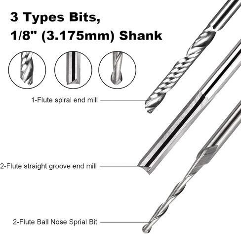 CBRIGHT 9 قطع قاطع مطحنة نهاية كربيد، 3 قطع 1/8 بوصة CNC أدوات التوجيه الفردية + 6 قطع 2 قاطعة طحن ذات حواف فلوت (نوعان) للنايلون، الراتنج، ABS، الأكريليك، PVC، MDF، الخشب الصلب in Kuwait