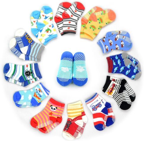 12 Pairs Anti-slip Socks Toddler Socks, HOVEOX Kids Baby Socks Non-Skid Crew Walkers Unisex For 12-36 Months 1-3 Years Baby Boys Girls Lowcut Ankle Cotton Stretch Footsocks Assorted Color Cartoon in Kuwait