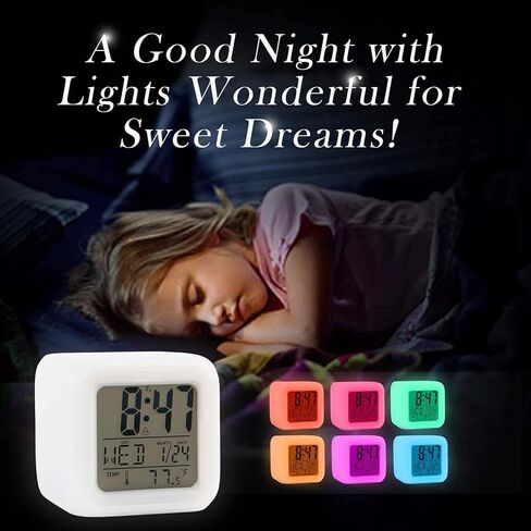 Kids Alarm Clock, Student Digital Clock for Boys Girls, 7 Colors Changing Light Bedside Clock for Children's Bedroom, Digital Alarm Clocks with Snooze, Temperature, Gift Idea for Kids in Kuwait