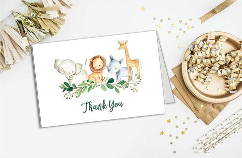 25 بطاقة شكر سفاري مع مظاريف (مخزون بطاقات سميك) لحفلة استقبال المولود الجديد، خضرة الغابة كبيرة الحجم مقاس 4 × 6 حديقة حيوان زرافة أسد وفيل امتنان للحفلات، قرطاسية عيد ميلاد للأطفال والبنات in Kuwait
