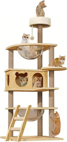 DMTINTA Cat Tree for Indoor Cats Wood Cat Tree with Cozy Cat Condo Scratching Post Clear Bowl Cat Tower for Large Cat 59 in in Kuwait