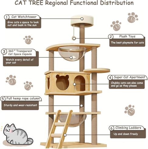 DMTINTA Cat Tree for Indoor Cats Wood Cat Tree with Cozy Cat Condo Scratching Post Clear Bowl Cat Tower for Large Cat 59 in in Kuwait