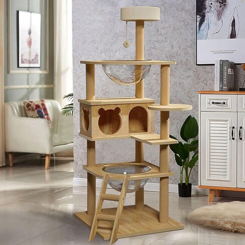 DMTINTA Cat Tree for Indoor Cats Wood Cat Tree with Cozy Cat Condo Scratching Post Clear Bowl Cat Tower for Large Cat 59 in in Kuwait
