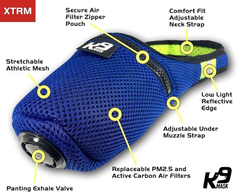 قناع فلتر الهواء K9 Mask® للكلاب مع عبوات فلتر الهواء الممتازة PM2.5 "التنفس الشديد" - أزرق (كبير) in Kuwait