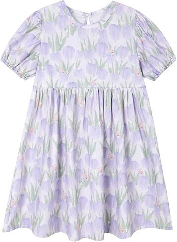 فستان SMILING PINKER للفتيات الصغيرات الصيفي الكاجوال من القطن بنقشة الزهور والأرنب الكرتوني بأكمام قصيرة منتفخة in Kuwait