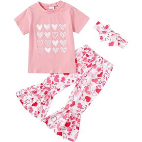 Tinypainter Toddler Girl Valentines Day Outfit Letter T-Shirt+Love Heart Bell Buttoms Pants+Headband Summer Clothes Set 2-7T