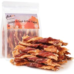 ASMPET Dog Triple-Flavor Treat Twists Stick, Non-Rawhide Chicken Chews w/Fish & Duck, Nutritious All Natural Ingredients Dog Treats for Small, Medium & Large Dogs