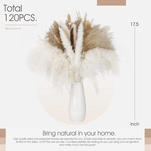 PENGYEE Dried Pampas Grass Bouquet 120 PCS - Fall Plants Boho Room Decor Contains Bunny Tails Dried Flowers, Brown White Pampas Grass for Wedding Decorations, Home Rustic Party Decor in Kuwait