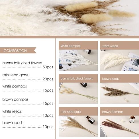 PENGYEE Dried Pampas Grass Bouquet 120 PCS - Fall Plants Boho Room Decor Contains Bunny Tails Dried Flowers, Brown White Pampas Grass for Wedding Decorations, Home Rustic Party Decor in Kuwait