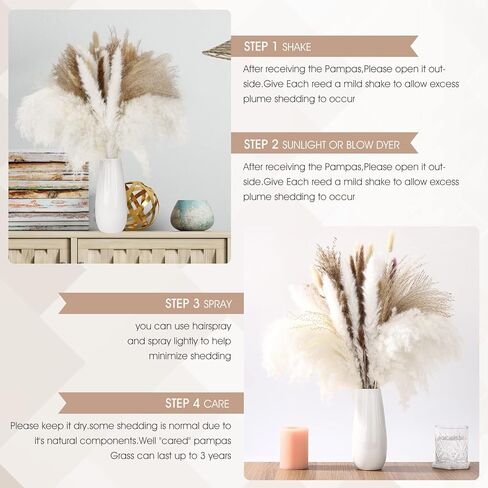 PENGYEE Dried Pampas Grass Bouquet 120 PCS - Fall Plants Boho Room Decor Contains Bunny Tails Dried Flowers, Brown White Pampas Grass for Wedding Decorations, Home Rustic Party Decor in Kuwait