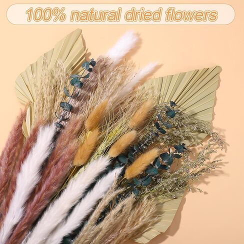 49 قطعة من الزهور الطبيعية المجففة من Fuyamp مع عشب النخيل المجفف وزهور عشب الأوكالبتوس المجففة وزهور بوهيمية رائعة للمزهرية والمكتب وغرفة المنزل وترتيبات الزهور لديكور الزفاف in Kuwait