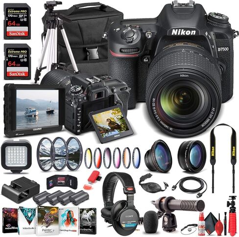 Nikon D7500 DSLR Camera with 18-140mm Lens (1582) + 4K Monitor + Pro Headphones + Pro Mic + 2 x 64GB Memory Card + Case + Corel Photo Software + Pro Tripod + 3 x EN-EL 15 Battery + More (Renewed) in Saudi Arabia