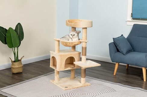 Go Pet Club Everyday Value 37in Cat Tree Tower Cat Condo مريح جثم كبير، أعمدة خدش، فأر متدلي وأرجوحة، برج لعب للقطط والقطط، بيج in Saudi Arabia