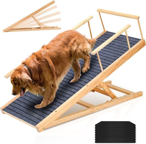 سلالم الكلاب الخشبية من كيرومي للكلاب الكبيرة، منحدر قابل للطي للكلاب للسرير - منحدر طويل قابل للحمل بطول 47.24 سم، سلالم للكلاب ذات قوة جر عالية للسيارة والأريكة والأريكة، 5 ارتفاعات قابلة للتعديل بمعدل 200 رطل. in Kuwait