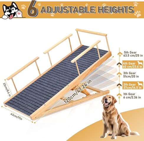 سلالم الكلاب الخشبية من كيرومي للكلاب الكبيرة، منحدر قابل للطي للكلاب للسرير - منحدر طويل قابل للحمل بطول 47.24 سم، سلالم للكلاب ذات قوة جر عالية للسيارة والأريكة والأريكة، 5 ارتفاعات قابلة للتعديل بمعدل 200 رطل. in Kuwait