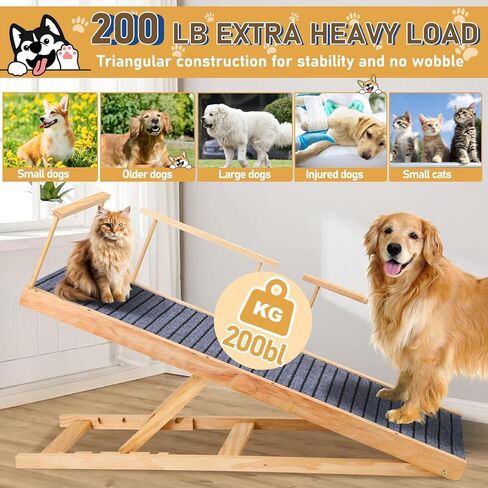 سلالم الكلاب الخشبية من كيرومي للكلاب الكبيرة، منحدر قابل للطي للكلاب للسرير - منحدر طويل قابل للحمل بطول 47.24 سم، سلالم للكلاب ذات قوة جر عالية للسيارة والأريكة والأريكة، 5 ارتفاعات قابلة للتعديل بمعدل 200 رطل. in Kuwait
