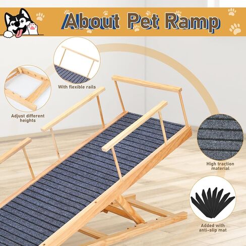 سلالم الكلاب الخشبية من كيرومي للكلاب الكبيرة، منحدر قابل للطي للكلاب للسرير - منحدر طويل قابل للحمل بطول 47.24 سم، سلالم للكلاب ذات قوة جر عالية للسيارة والأريكة والأريكة، 5 ارتفاعات قابلة للتعديل بمعدل 200 رطل. in Kuwait