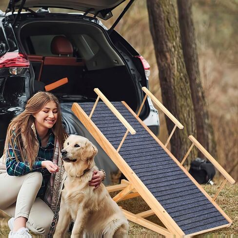 سلالم الكلاب الخشبية من كيرومي للكلاب الكبيرة، منحدر قابل للطي للكلاب للسرير - منحدر طويل قابل للحمل بطول 47.24 سم، سلالم للكلاب ذات قوة جر عالية للسيارة والأريكة والأريكة، 5 ارتفاعات قابلة للتعديل بمعدل 200 رطل. in Kuwait