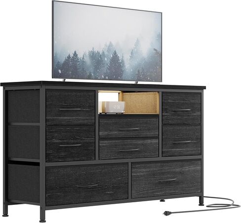 خزانة باتيكوين ذات 8 أدراج، برج تخزين قماشي لغرفة النوم، حامل تلفزيون واسع 47 بوصة وخزانة ذات أدراج مع منافذ تيار متردد ومنفذين USC، وحدة برج تخزين كبيرة، طباعة حبيبات من الخشب الأسود الفحمي in Kuwait