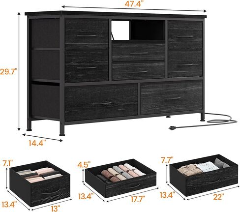 خزانة باتيكوين ذات 8 أدراج، برج تخزين قماشي لغرفة النوم، حامل تلفزيون واسع 47 بوصة وخزانة ذات أدراج مع منافذ تيار متردد ومنفذين USC، وحدة برج تخزين كبيرة، طباعة حبيبات من الخشب الأسود الفحمي in Kuwait